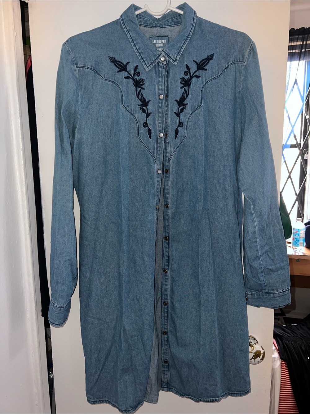 Lee Cooper Denim Midi Dress with Black Floral Embroidery - Light Blue
